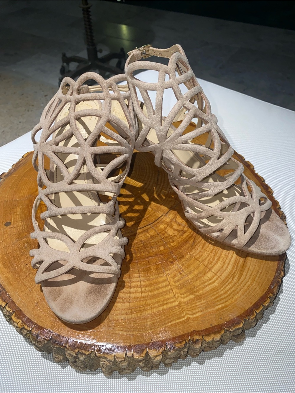 Vince Camuto Beige Suede Cutout Cage Sandals
